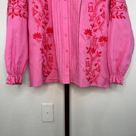Tallulah Kate Boutique Bright Pink Linen/Cotton Embroidered Peasant Blouse SZ S - Picture 4 of 11